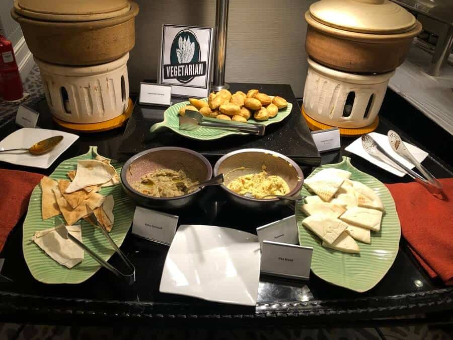 hummus and baba ganoush at the vegetarian food station in the Marriot buffet breakfast