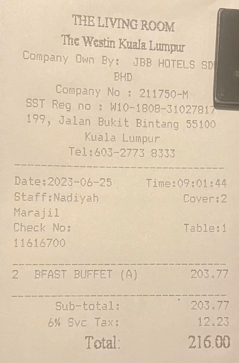 the receipt for breakfast at the Westin in KL