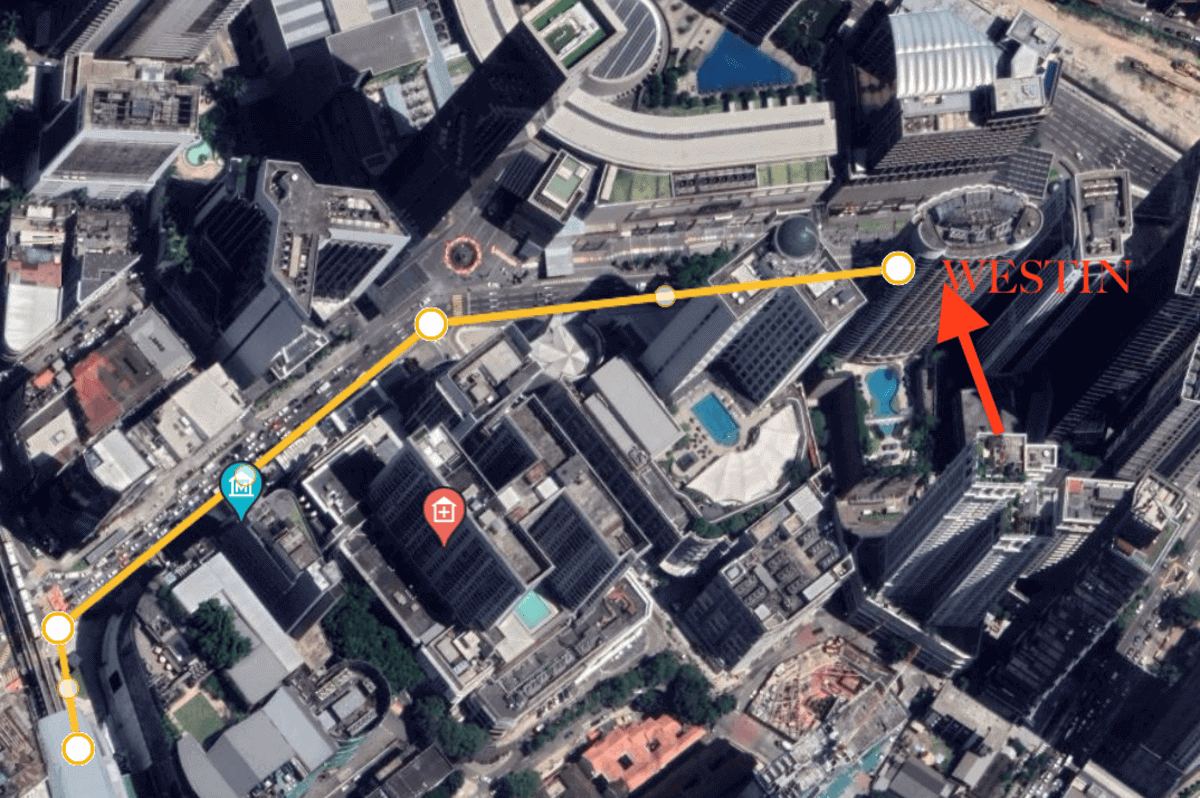 Google Earth map of the location of the Westin Hotel in Bukit Bintang