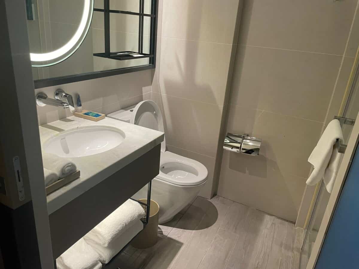 A look inside the bathroom of a "King room with city view" at the Four Points by Sheraton in Hong Kong.