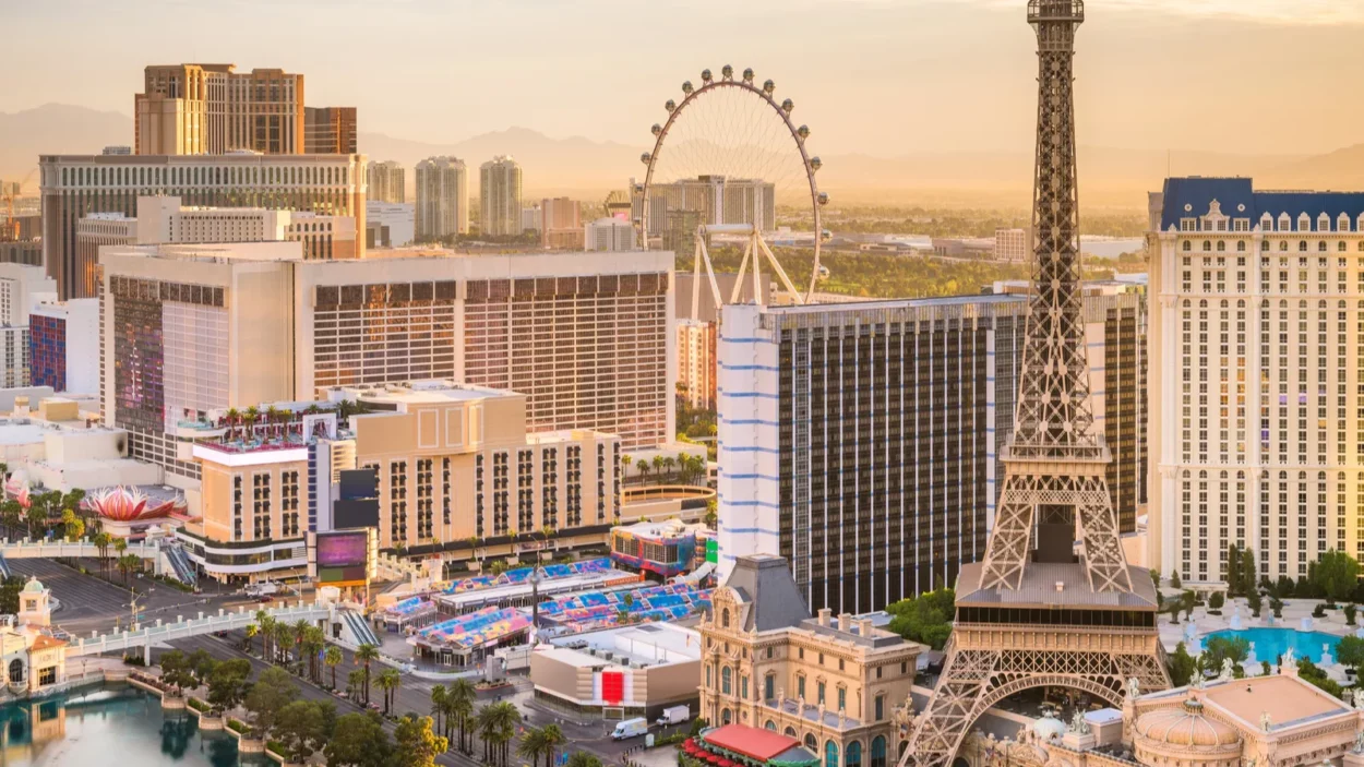 Las Vegas, Nevada, skyline over the strip at dusk. 